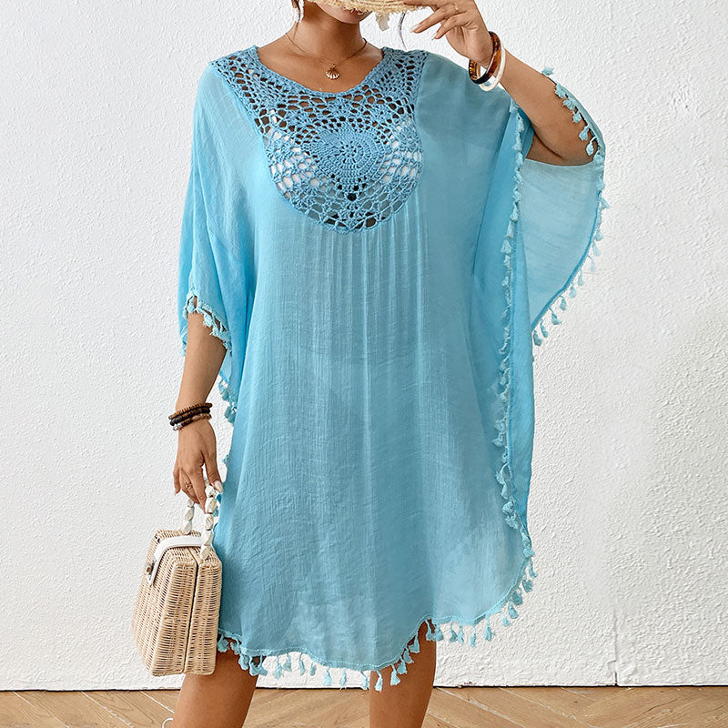 Swingy Fringe Trim Crochet Front Wide Sleeve Cotton Slub Brazilian Midi Cover Up