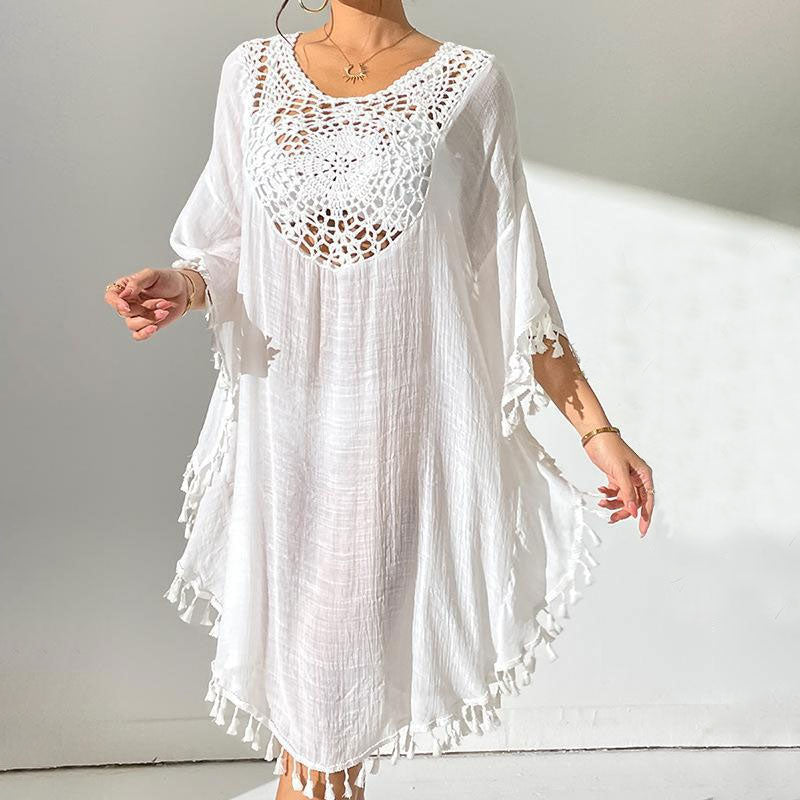 Swingy Fringe Trim Crochet Front Wide Sleeve Cotton Slub Brazilian Midi Cover Up