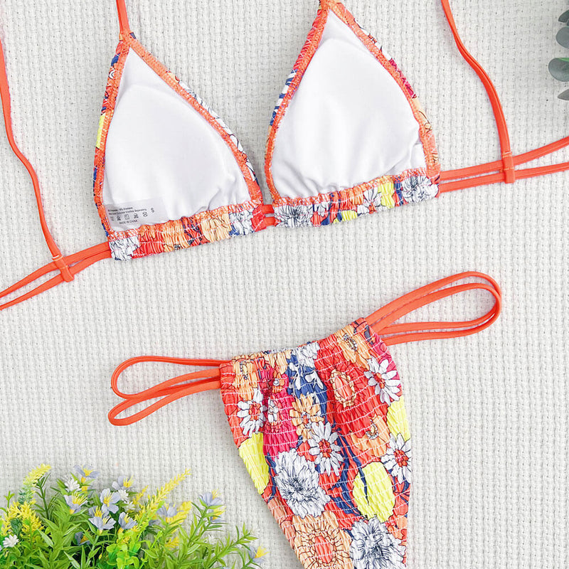 Tropical Floral String Slide Smocked Triangle Brazilian Two Piece Bikini Swimsuit