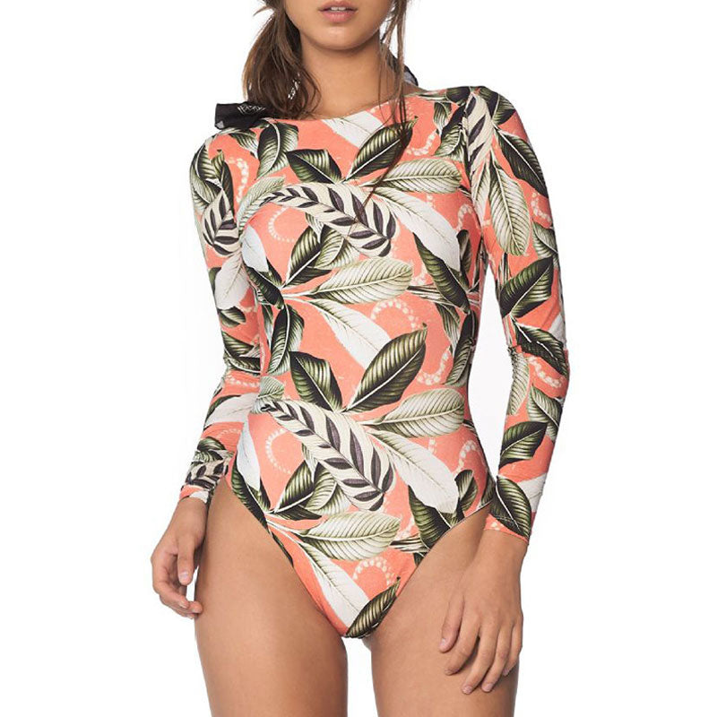 Tropical Leaf Print Long Sleeve Open Back Rash Guard One Piece Swimsuit