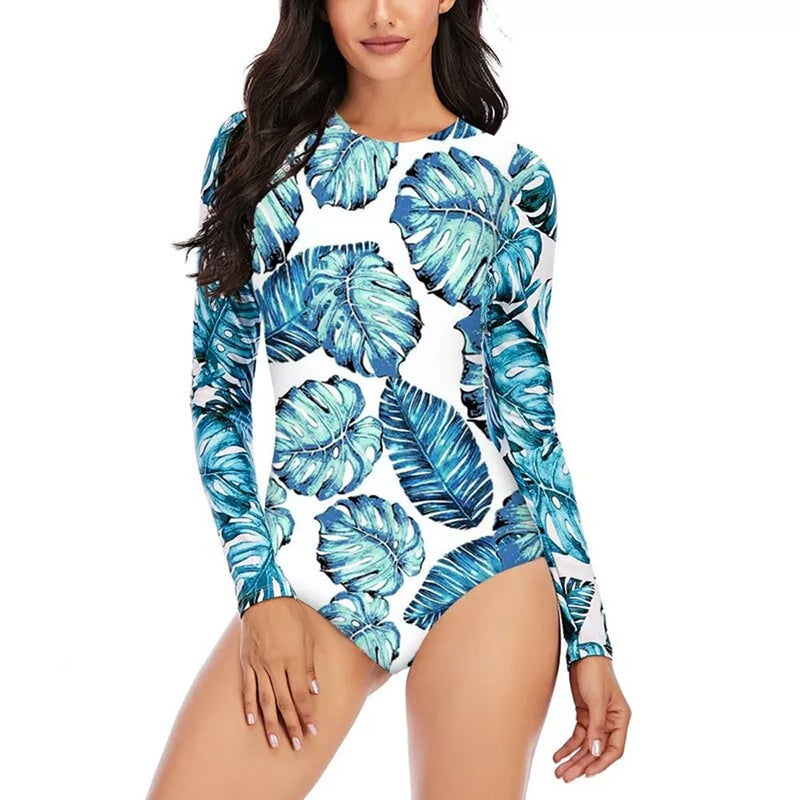 Tropical Leaf Print Long Sleeve Open Back Rash Guard One Piece Swimsuit