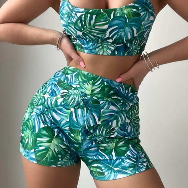 Tropical Palm Leaf High Waist Boyshort Bralette Brazilian Two Piece Bikini Swimsuit