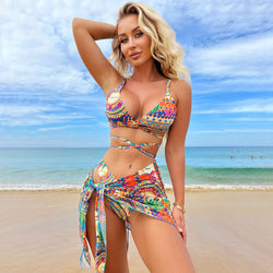 Tropical Print Sarong High Leg Wrap Front Brazilian Three Piece Bikini Swimsuit