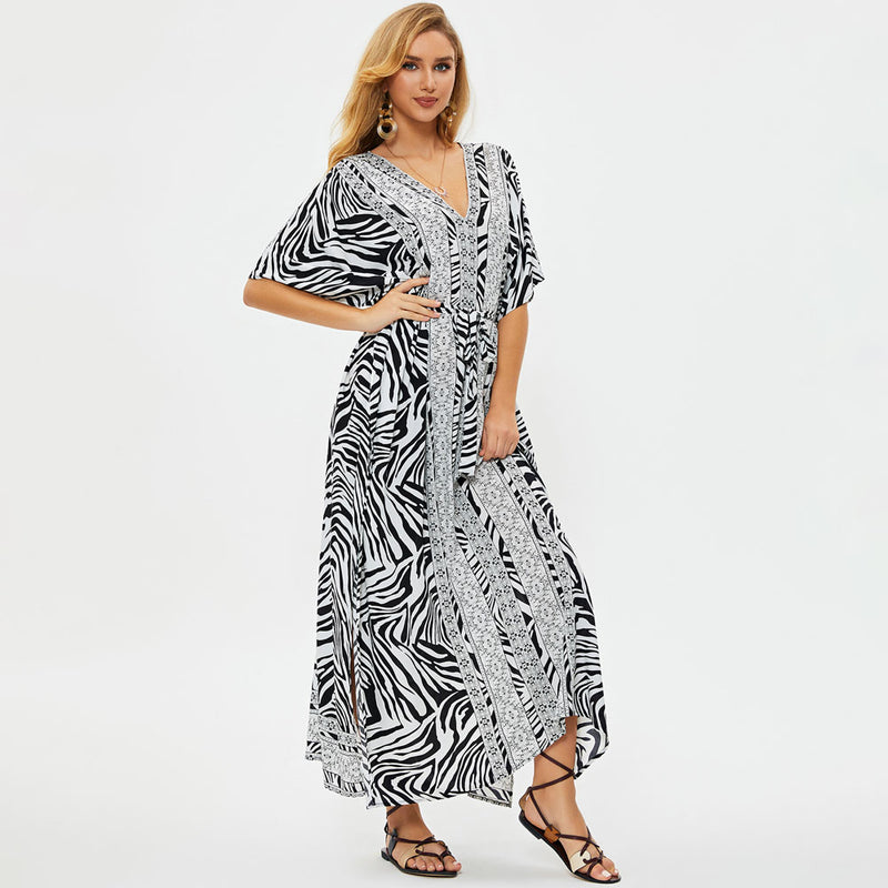 Versatile Floral Printed Zebra Pattern Belted Summer Caftan Beach Cover Up