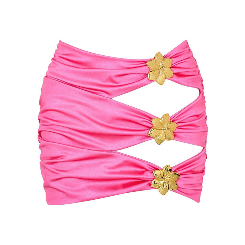 Vibrant High Waist Metallic Flower Ruched Cut Out Bodycon Cover Up Mini Skirt