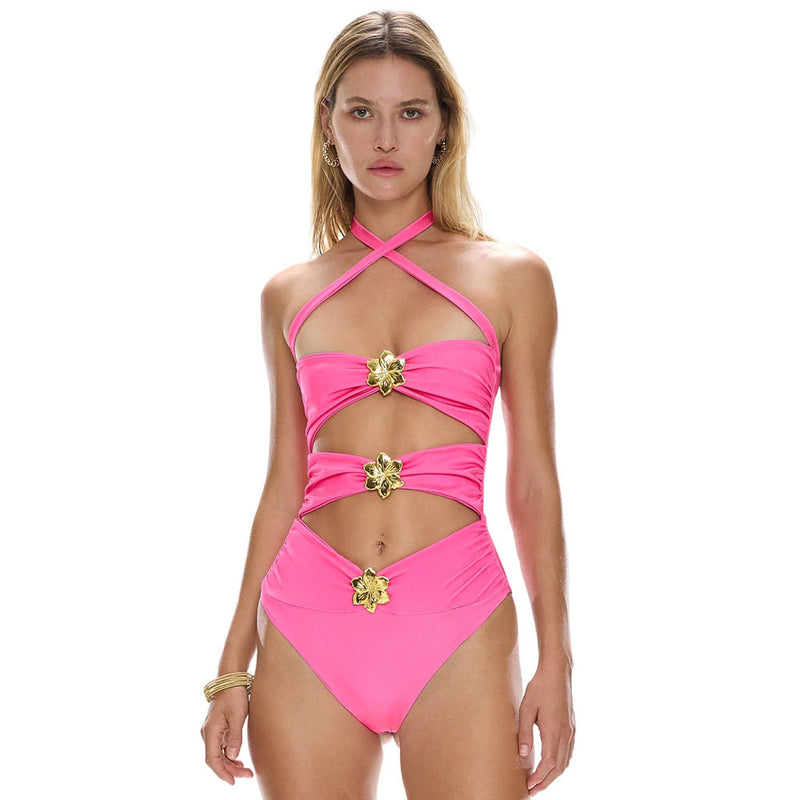 Vibrant Metallic Flower Ruched Cutout Wrap Halter Brazilian One Piece Swimsuit