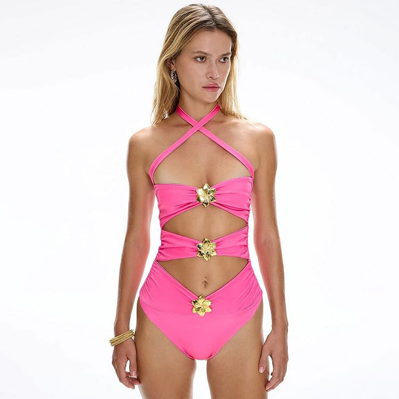 Vibrant Metallic Flower Ruched Cutout Wrap Halter Brazilian One Piece Swimsuit