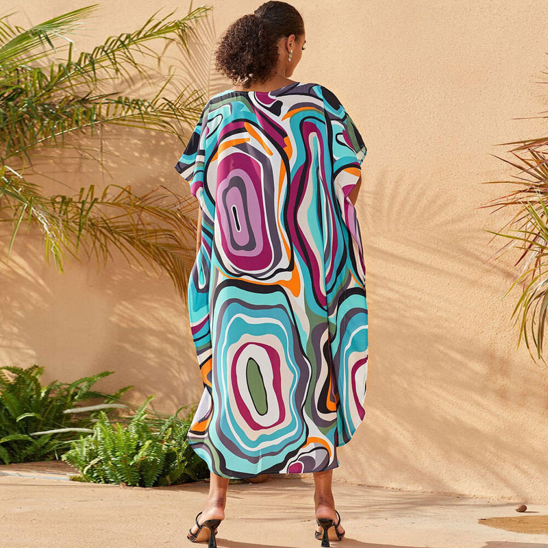 Vibrant Printed Round Neck Short Sleeve Caftan Beach Cover Up