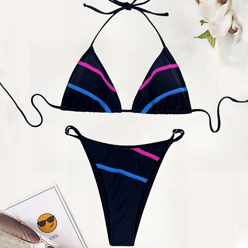 Vibrant Stripe String Cheeky Slide Triangle Brazilian Two Piece Bikini Swimsuit