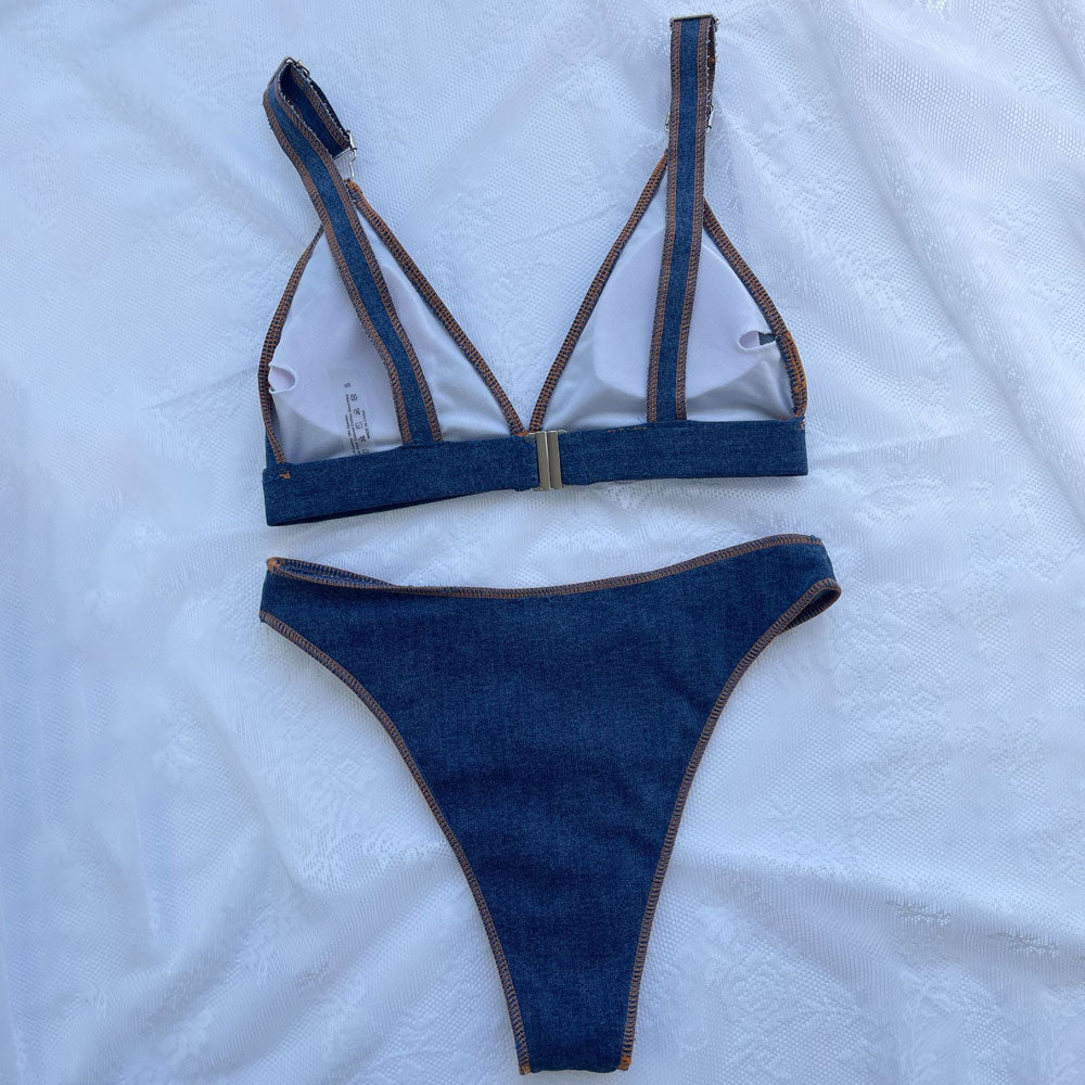 Vintage High Cut Cheeky Denim Triangle Brazilian Two Piece Bikini Swim ...