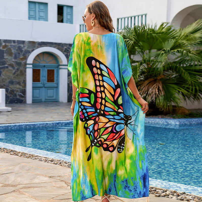 Vivid Butterfly Printed V Neck Short Sleeve Oversized Brazilian Beach Cover Up