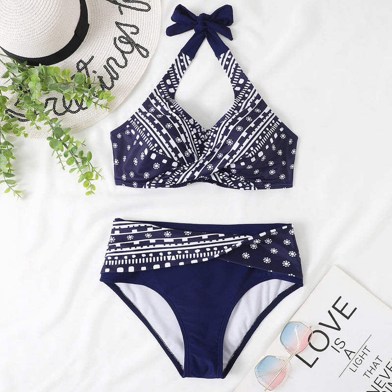 Boho Printed Twist Underwire Halter Brazilian Two Piece Bikini Swimsuit