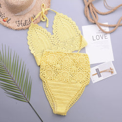 Chic High Waist Crochet Knit Halter Triangle Brazilian Two Piece Bikini Swimsuit