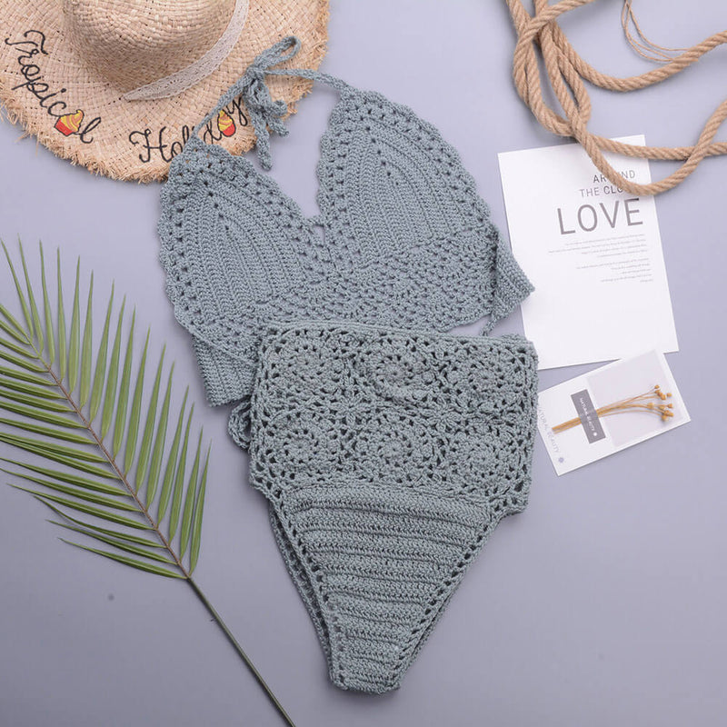 Chic High Waist Crochet Knit Halter Triangle Brazilian Two Piece Bikini Swimsuit