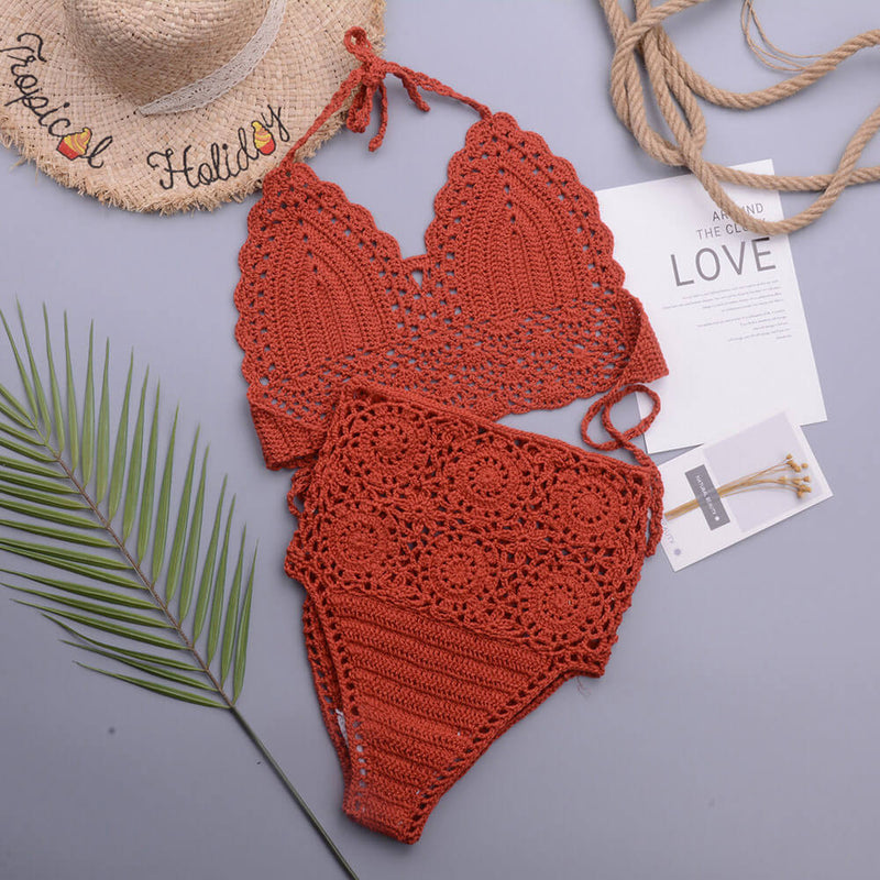 Chic High Waist Crochet Knit Halter Triangle Brazilian Two Piece Bikini Swimsuit