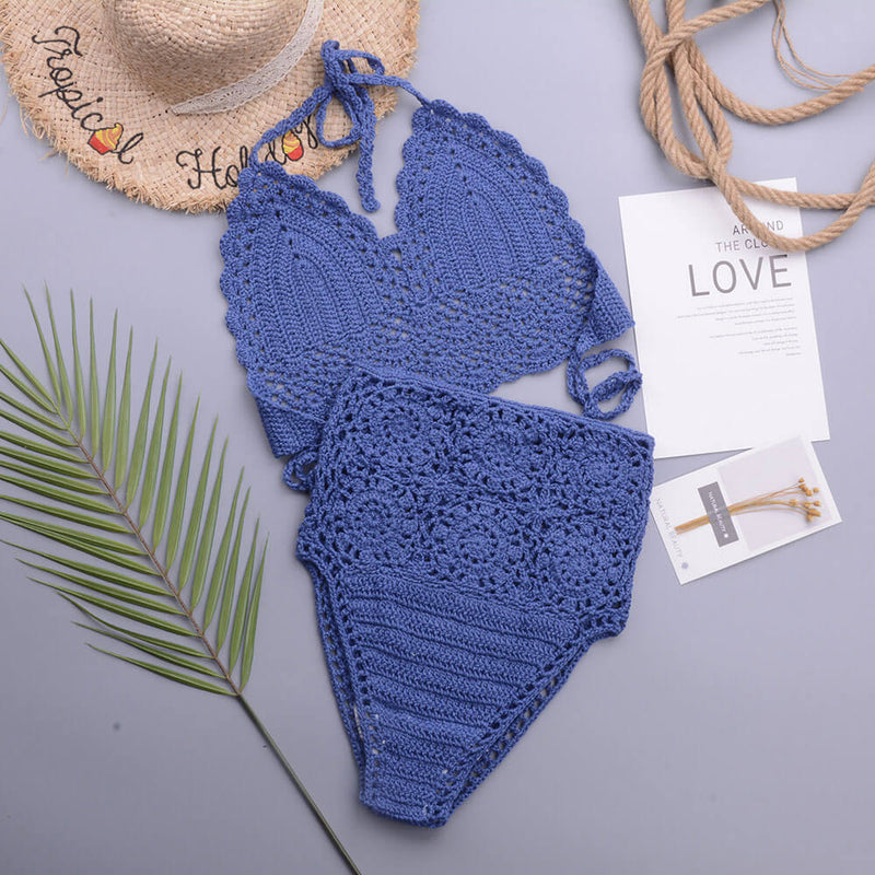 Chic High Waist Crochet Knit Halter Triangle Brazilian Two Piece Bikini Swimsuit