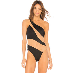 Contrast Mesh Panel One Shoulder Brazilian One Piece Swimsuit