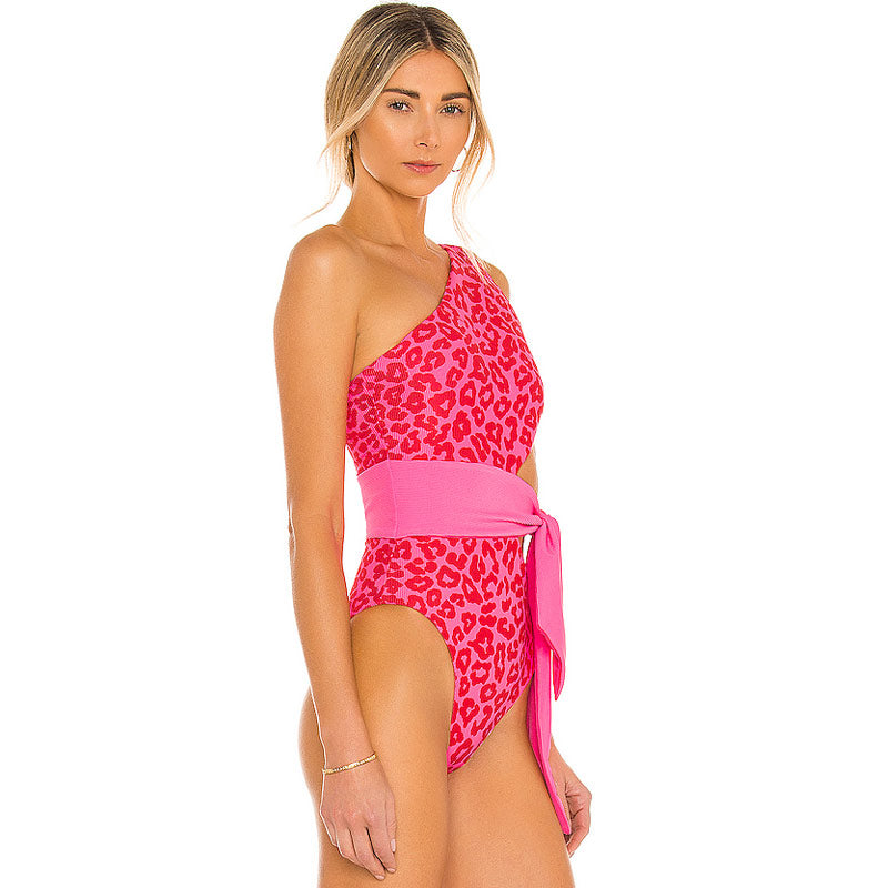 Leopard Print Tie Side Cutout One Shoulder Brazilian One Piece Swimsuit