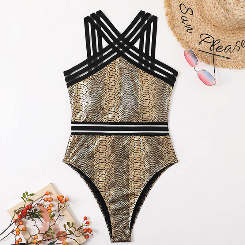 Metallic Animal Print Mesh Panel Crisscross Brazilian One Piece Swimsuit