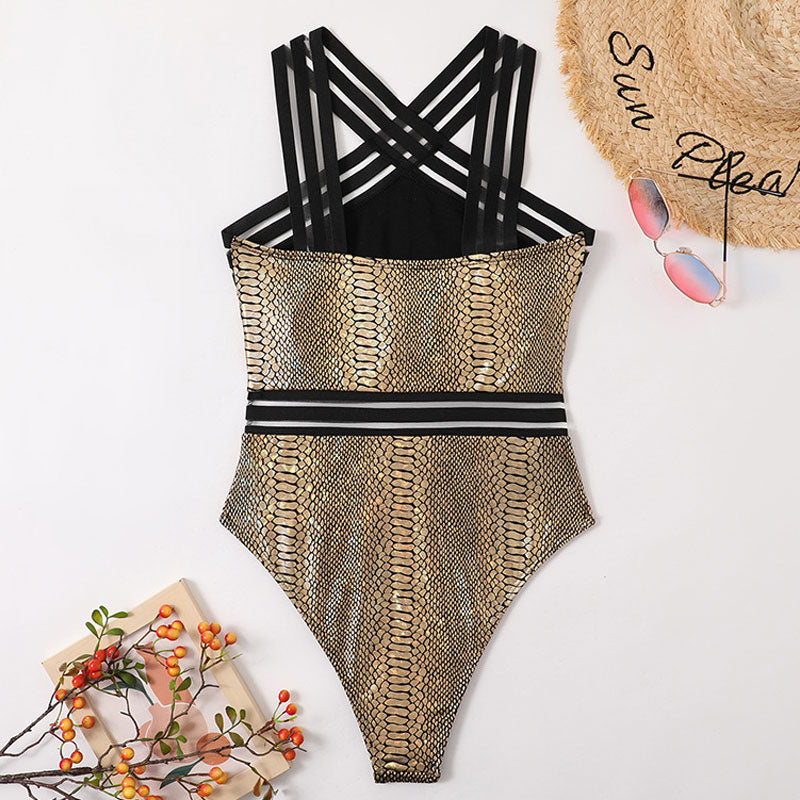 Metallic Animal Print Mesh Panel Crisscross Brazilian One Piece Swimsuit